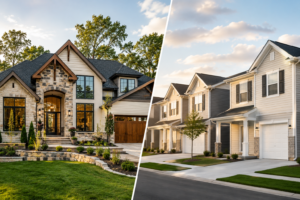Side-by-side comparison of a custom luxury home and a production neighborhood home illustrating the differences between custom home building and production home construction in North Carolina.