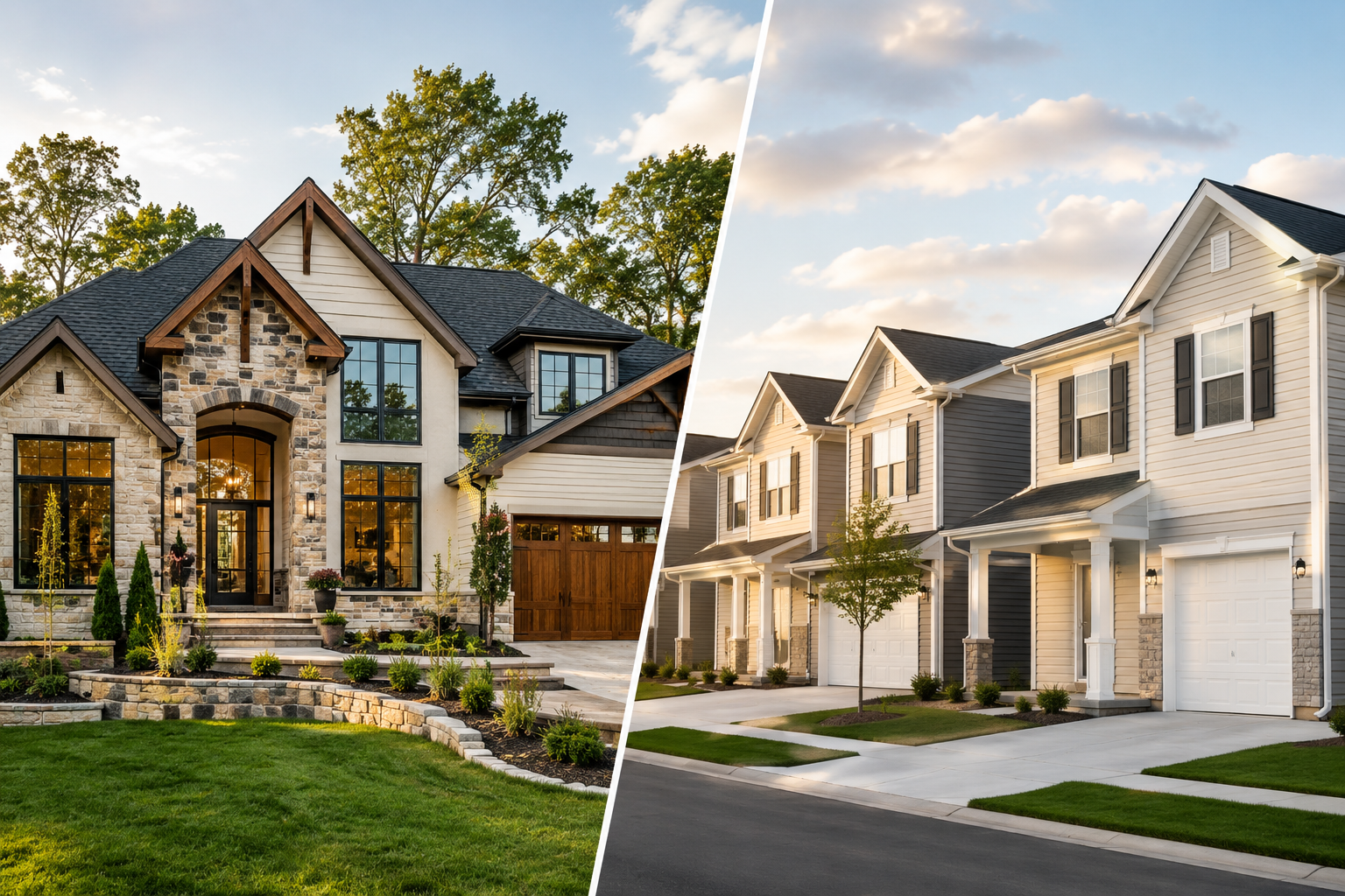 Side-by-side comparison of a custom luxury home and a production neighborhood home illustrating the differences between custom home building and production home construction in North Carolina.