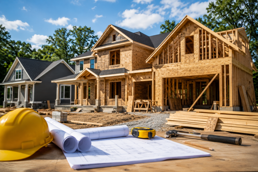 Custom home under construction in North Carolina showing the framing stage with building plans and construction tools, illustrating the custom home building timeline from planning through completion.