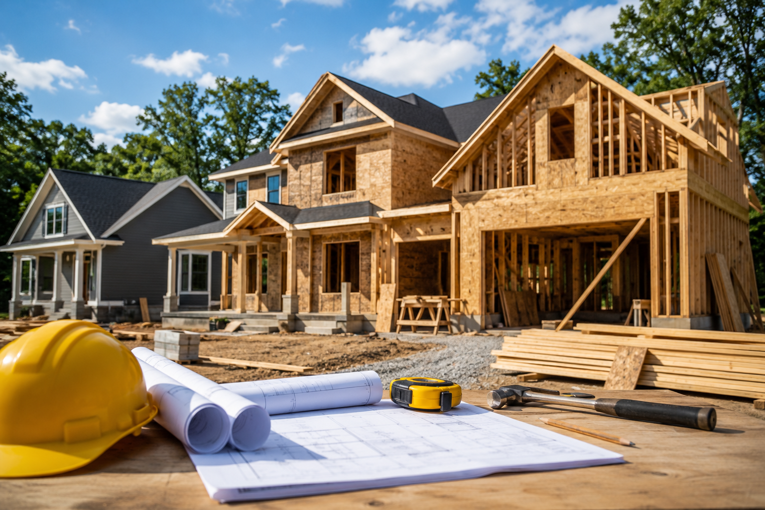 Custom home under construction in North Carolina showing the framing stage with building plans and construction tools, illustrating the custom home building timeline from planning through completion.