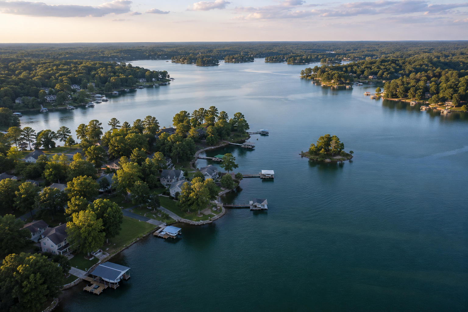 Aerial view of Lake Norman near Mooresville, North Carolina, featuring waterfront homes, private docks, wooded shoreline, and scenic lake views representing the lifestyle and communities served by Ridge Contracting Inc.