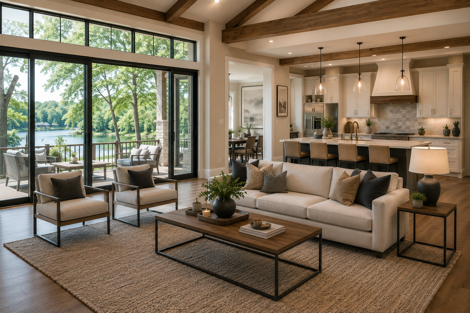 Spacious modern farmhouse living room featuring vaulted ceilings, exposed wood beams, a stone fireplace, and an open-concept kitchen, showcasing the quality craftsmanship and custom home design offered by Ridge Contracting Inc. in Mooresville, North Carolina.